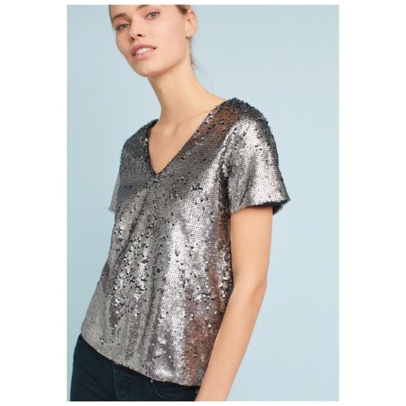 Anthropologie Metallic Sequined V-neck Tee - Picture 2 of 6